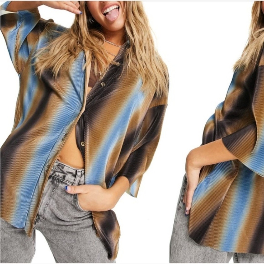 Topshop Plisse Button Down Shirt Blue Brown Ombre‎ Stripe Pleated Top US 4-6 S